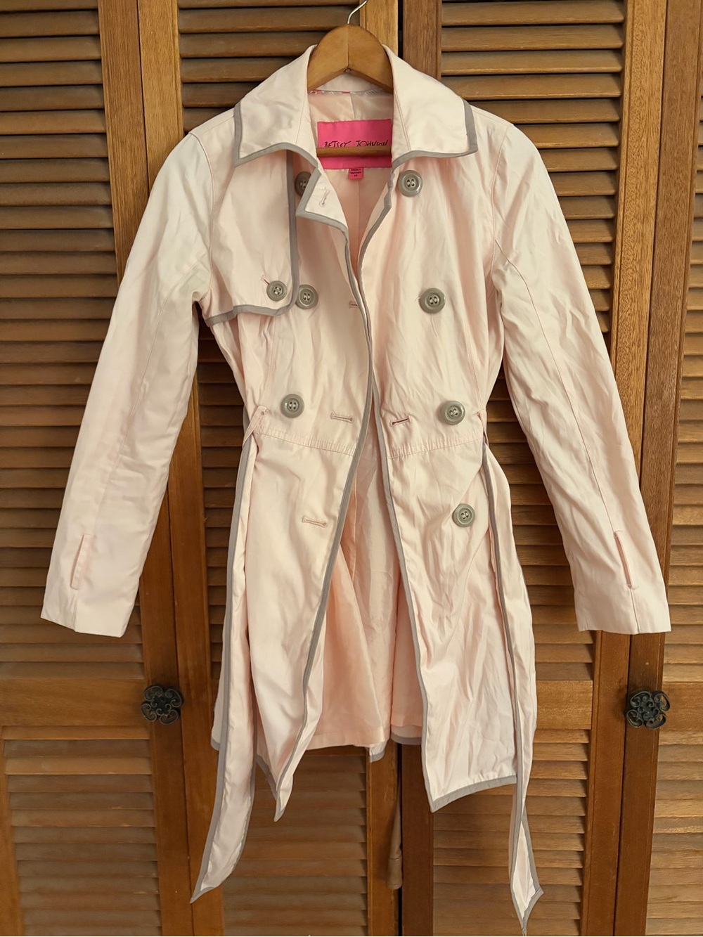 Betsey Johnson Light Pink Trench Coat with Gray Trim size XS